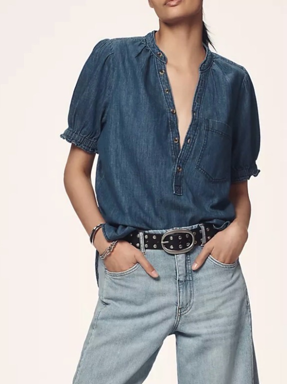 Anthropologie Pilcro Aly Denim Puff Sleeve Blue Blouse Size Small